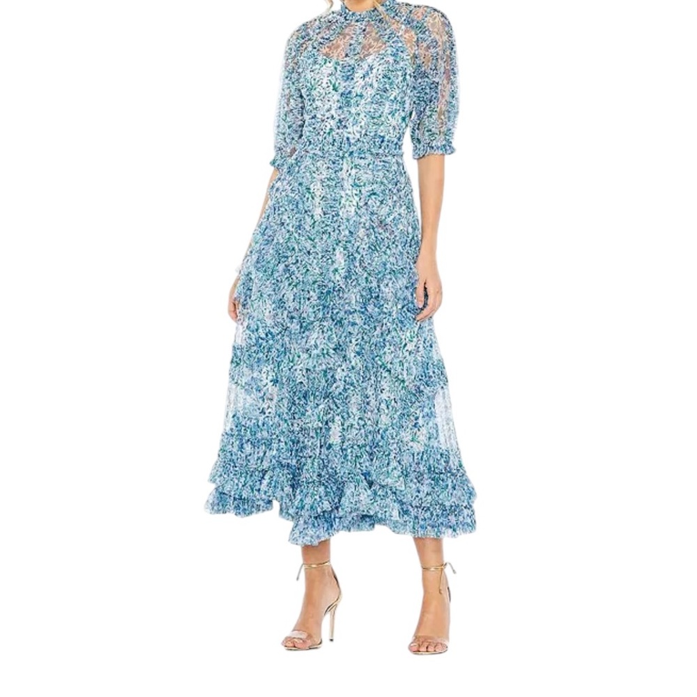 Mac Duggal Blue Floral Chiffon Short Puffed Sleeve High Neck Midi Dress 2